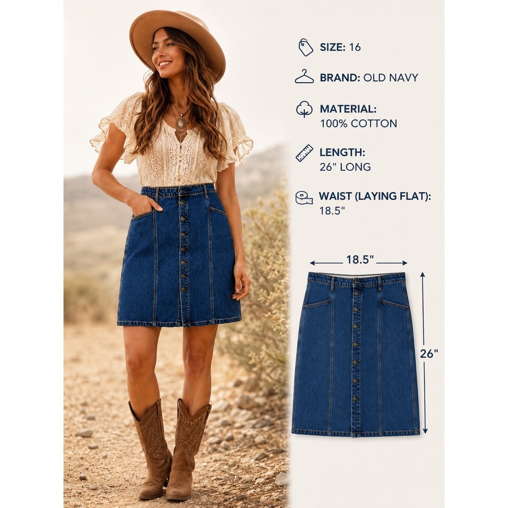 Old Navy Womens Blue Denim Button Front A-Line Knee Length Skirt Size 16 - Picture 2 of 5